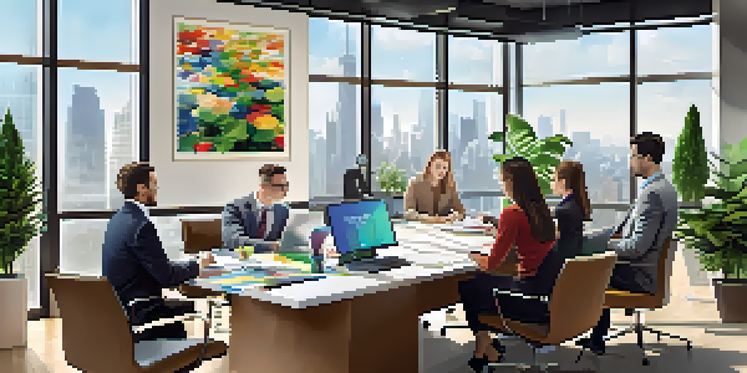 A diverse team of financial advisors brainstorming in a modern, well-lit office with digital devices and colorful charts.