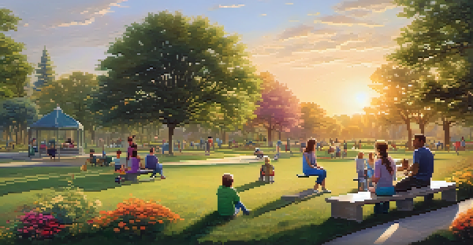 A community park with families and children playing in a vibrant natural setting, with a couple discussing investments on a bench under a sunset.
