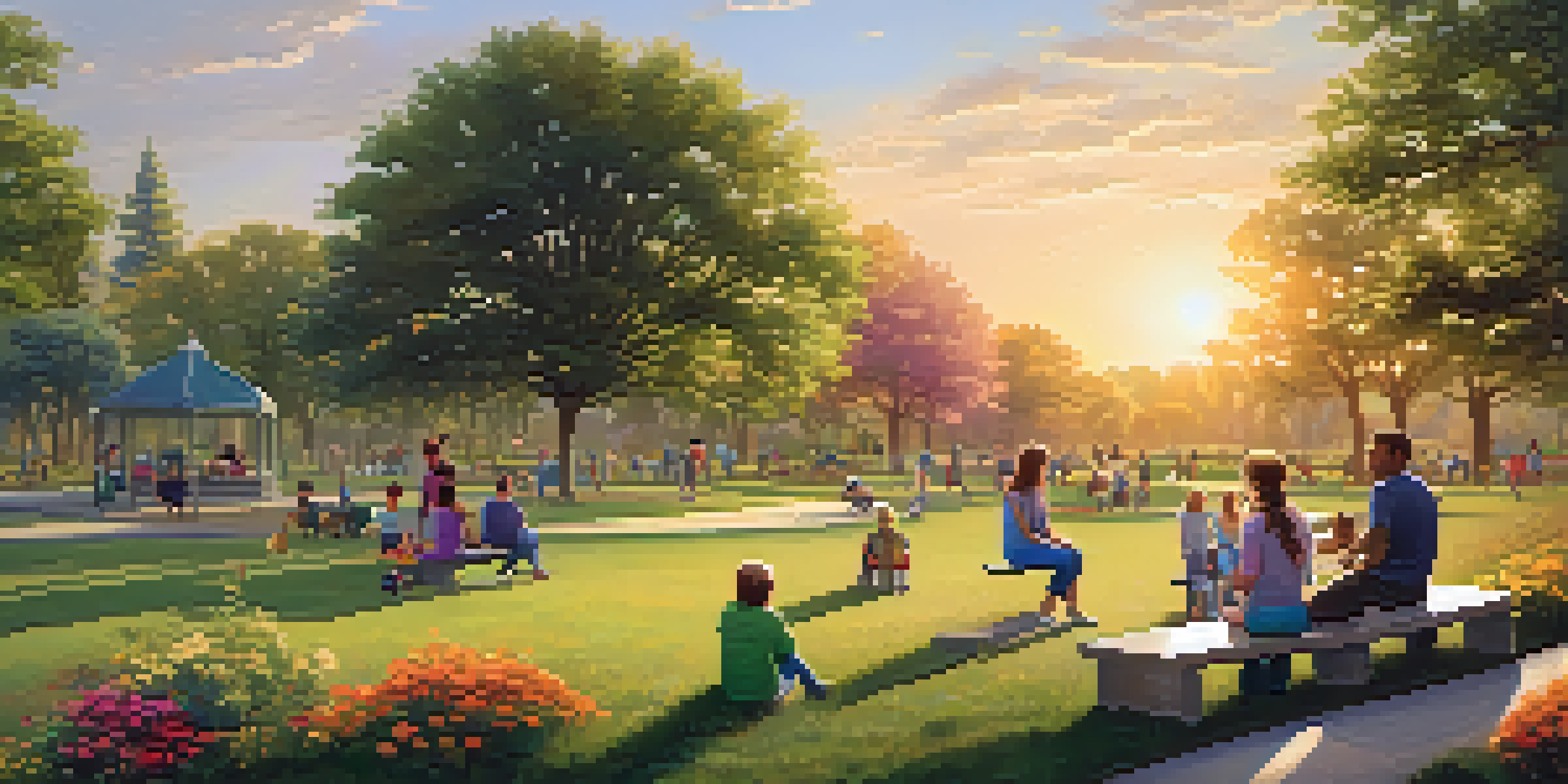 A community park with families and children playing in a vibrant natural setting, with a couple discussing investments on a bench under a sunset.