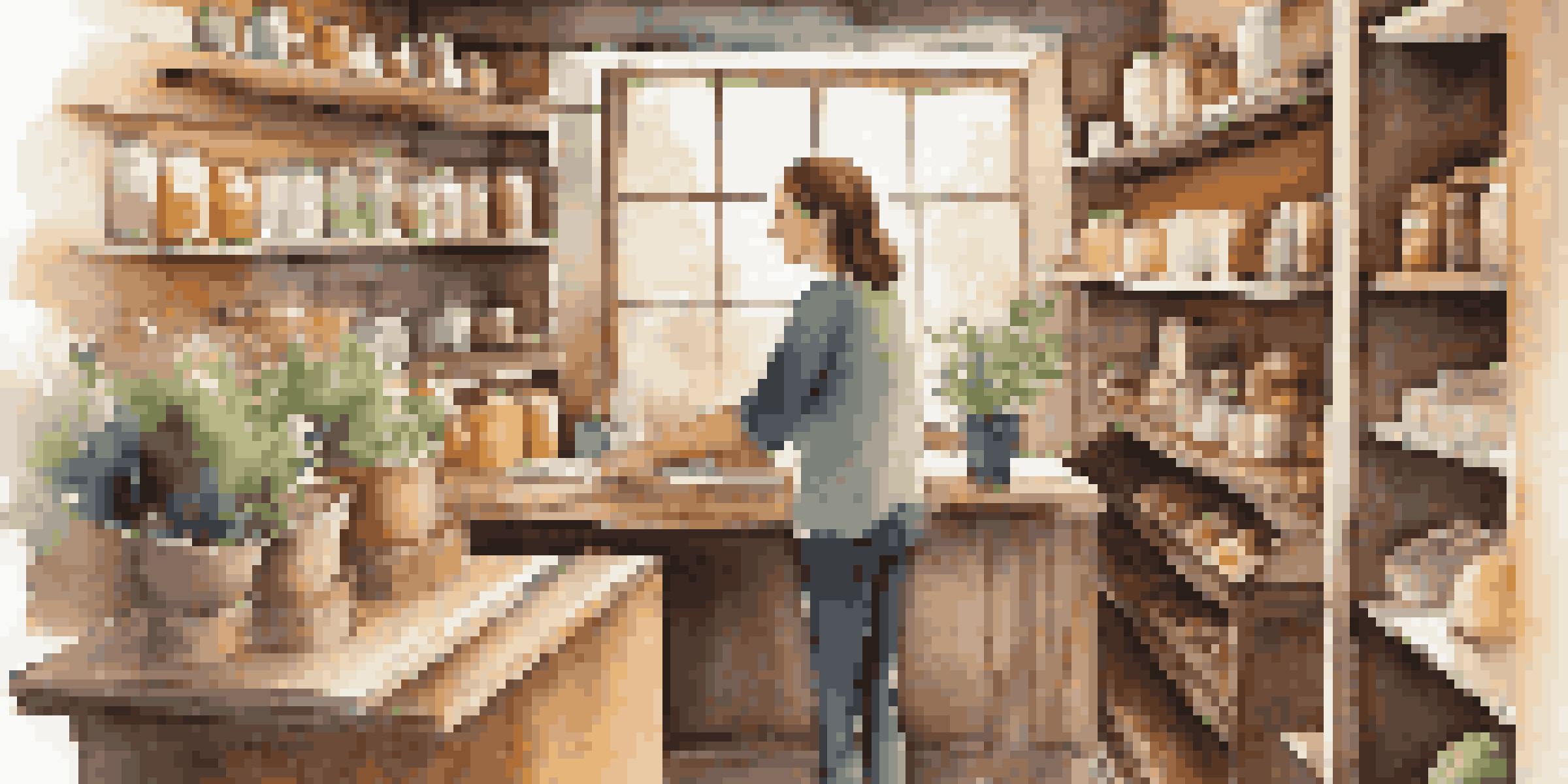 A small business owner interacting with a customer in a cozy shop filled with local products and warm sunlight.