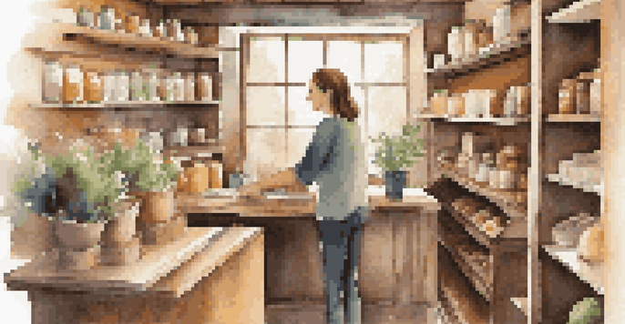 A small business owner interacting with a customer in a cozy shop filled with local products and warm sunlight.