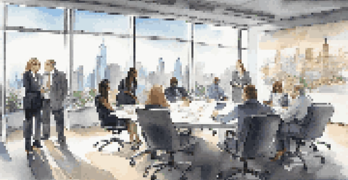 A diverse group of professionals in a modern conference room discussing private equity investments, with a city skyline visible through large windows.