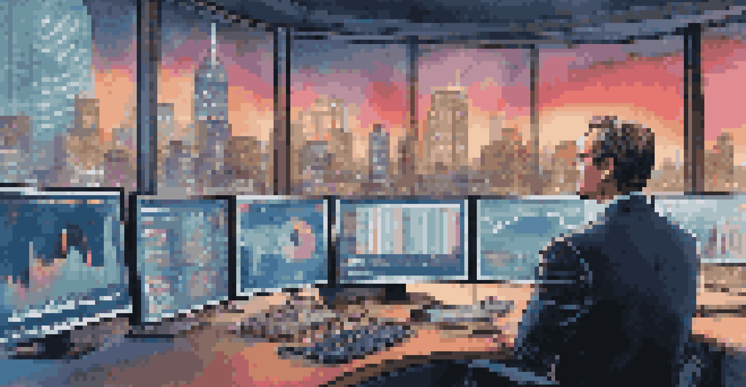 A fund manager in a high-tech office analyzing investment options with digital screens displaying stock trends at dusk.
