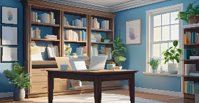 A cozy home office with a laptop on a wooden desk, sunlight streaming through a window, and bookshelves in the background.
