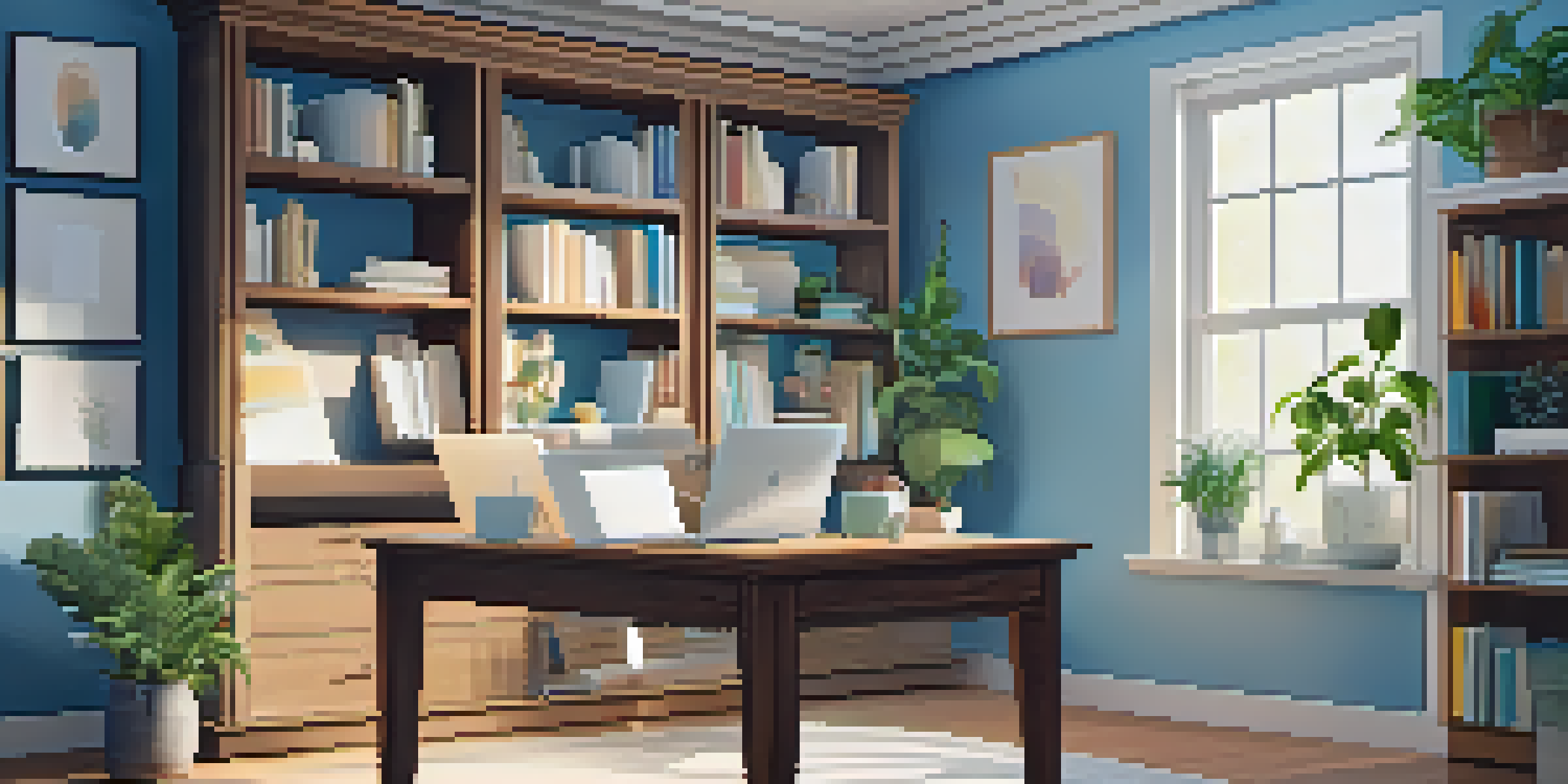 A cozy home office with a laptop on a wooden desk, sunlight streaming through a window, and bookshelves in the background.