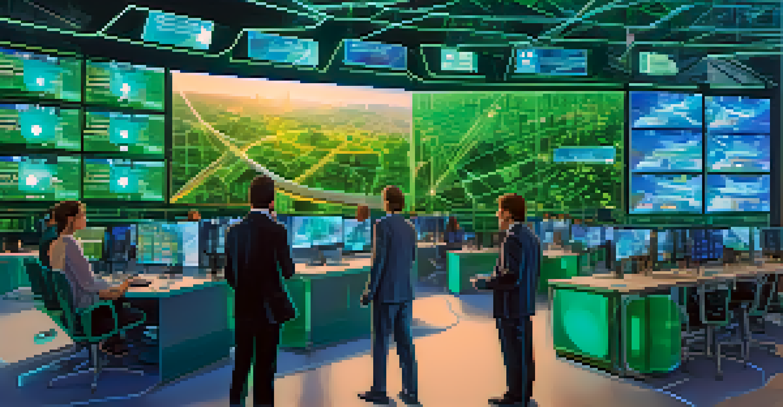 A futuristic financial landscape with digital screens and virtual reality in a high-tech environment.