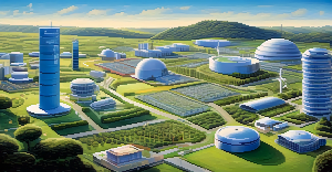 A peaceful landscape illustrating different sectors of investment, showcasing technology, healthcare, finance, and energy under a clear blue sky.