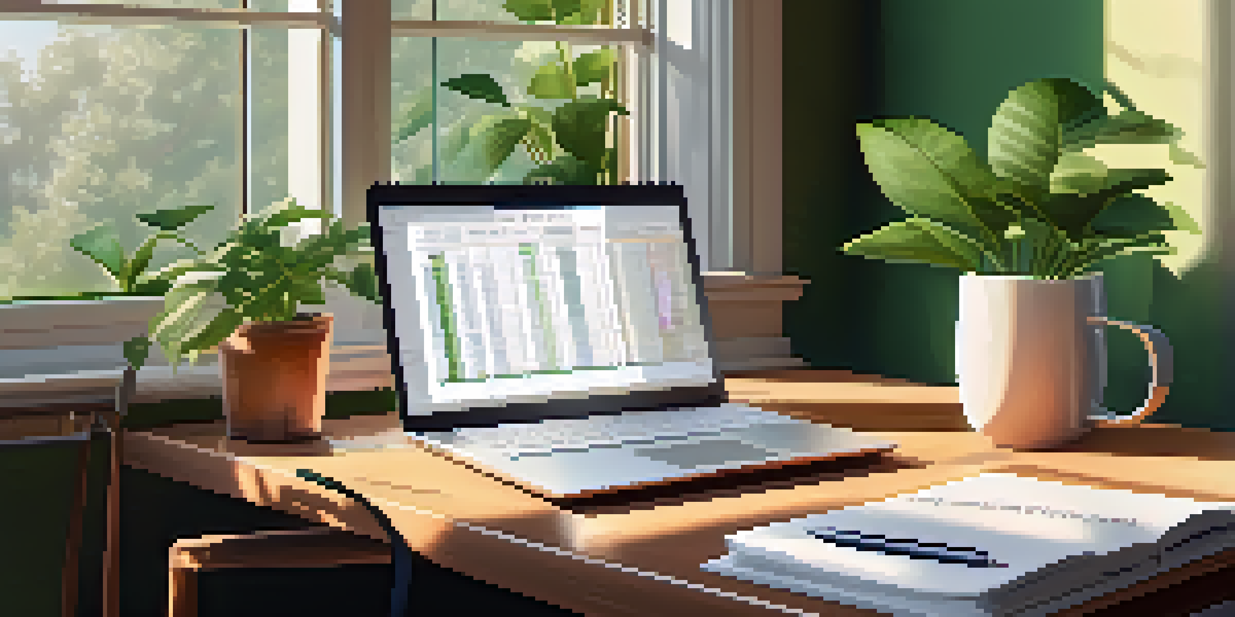 A cozy home office with a wooden desk, laptop, coffee cup, and personal finance books, bathed in soft morning light.