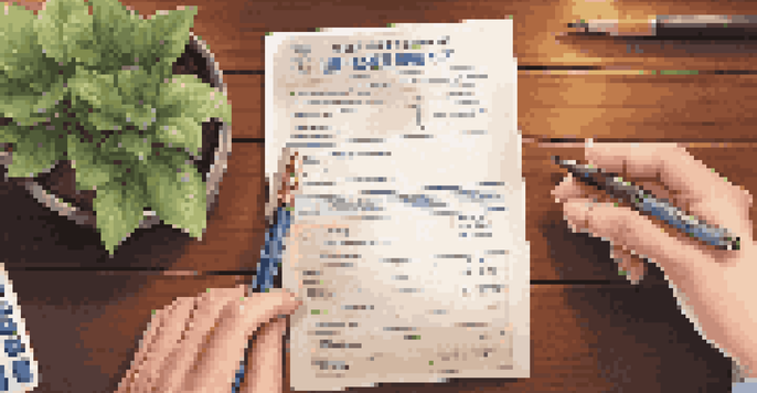 A hand holding a whole life insurance policy document with a calculator and pen on a wooden table, under warm lighting.