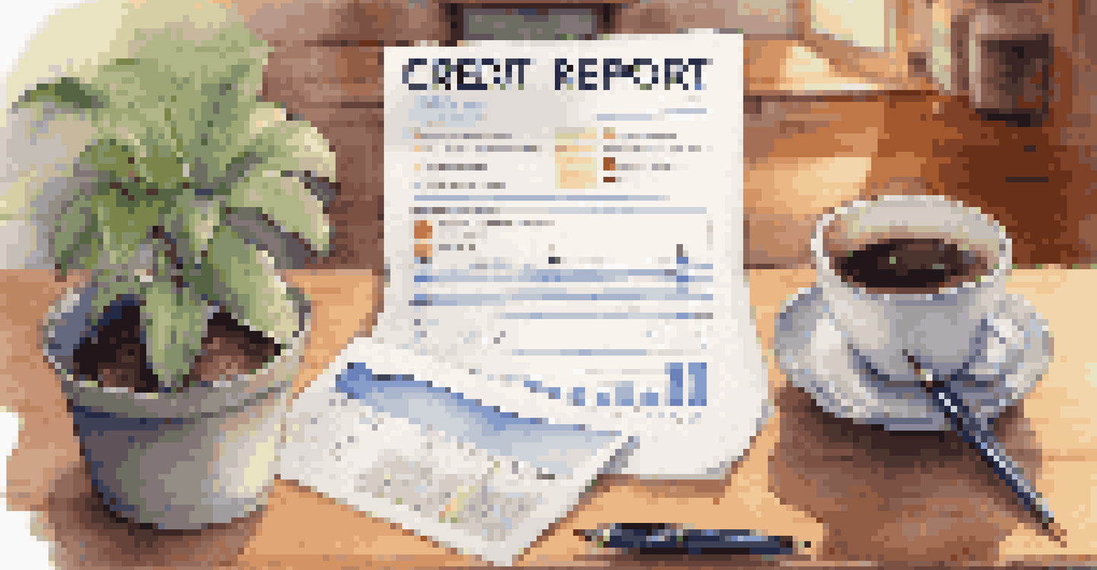A close-up of a credit report on a wooden desk with a pen, coffee cup, and plant in the background.