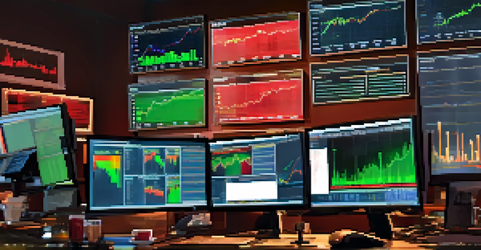 A trader's desk with multiple screens showing stock market graphs and financial data, warm lighting, a cup of coffee, and financial reports.