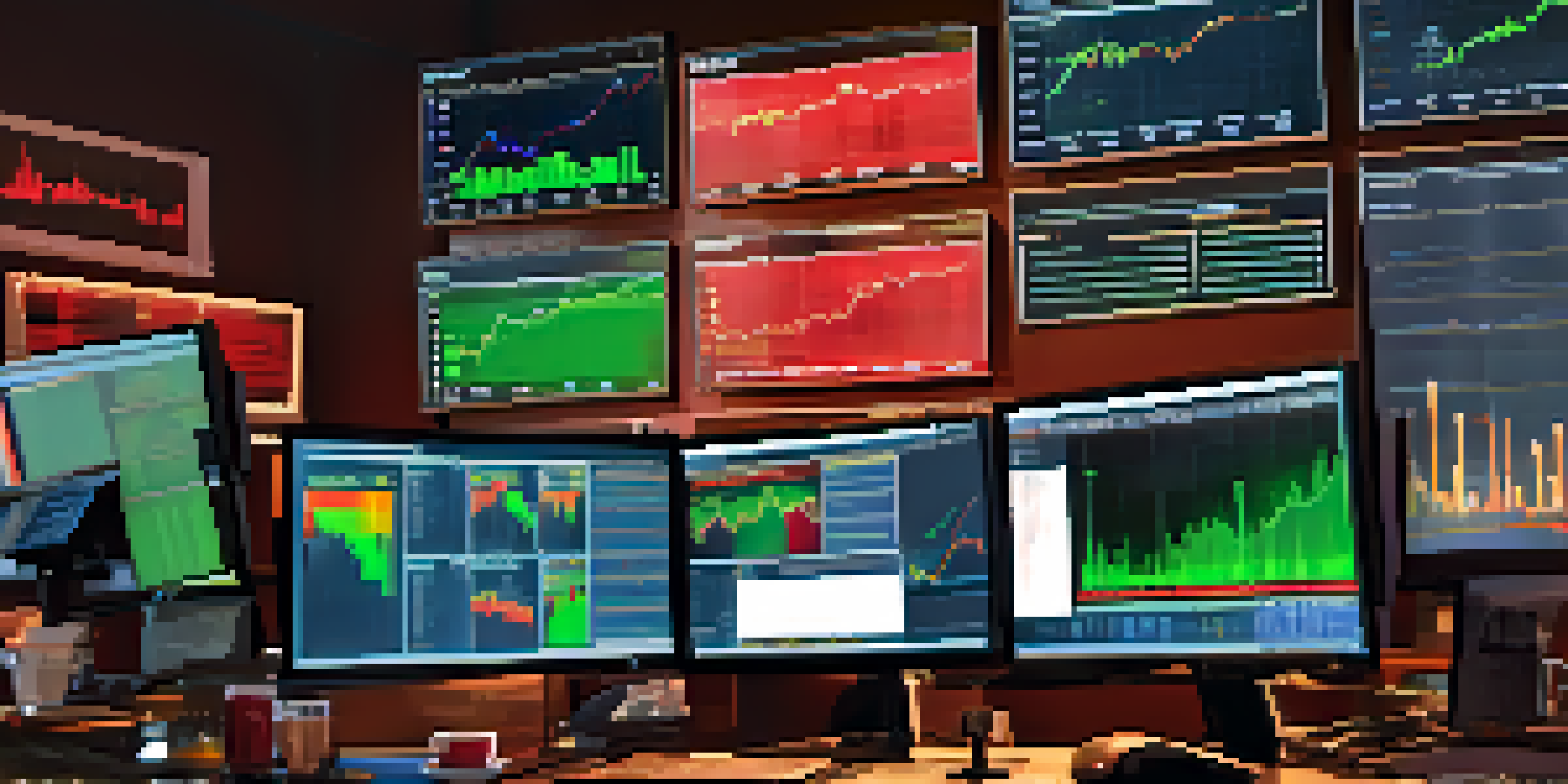 A trader's desk with multiple screens showing stock market graphs and financial data, warm lighting, a cup of coffee, and financial reports.