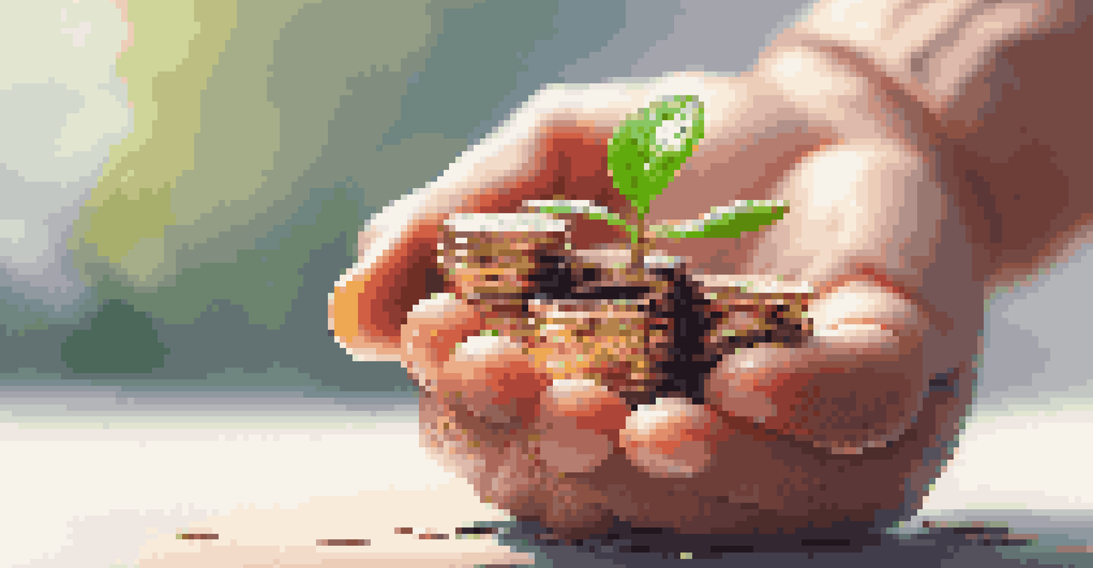 A hand holding a small plant surrounded by coins, representing financial growth and retirement planning.