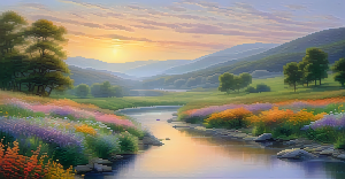 A peaceful sunrise landscape with rolling hills, a winding river, and colorful wildflowers in the foreground.