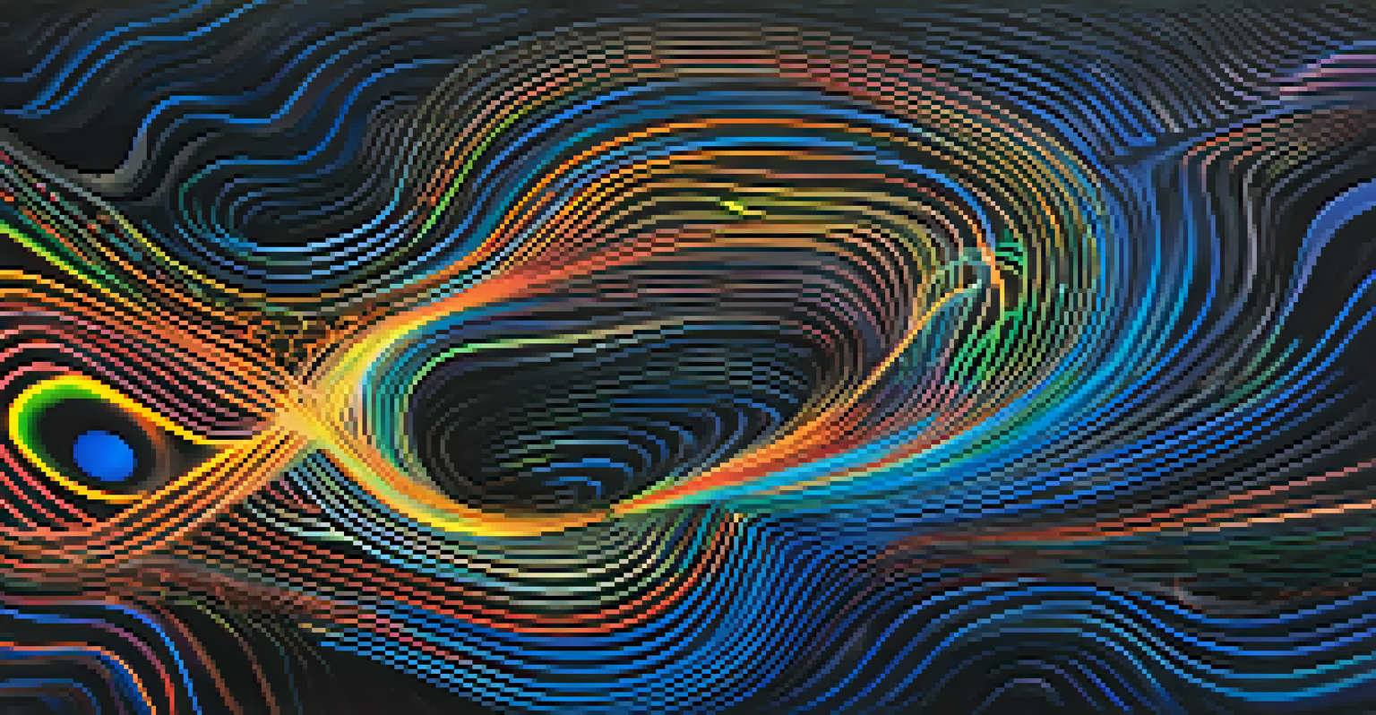An abstract image showing colorful swirling patterns and nodes representing quantum algorithms, set against a dark blue to black gradient background.