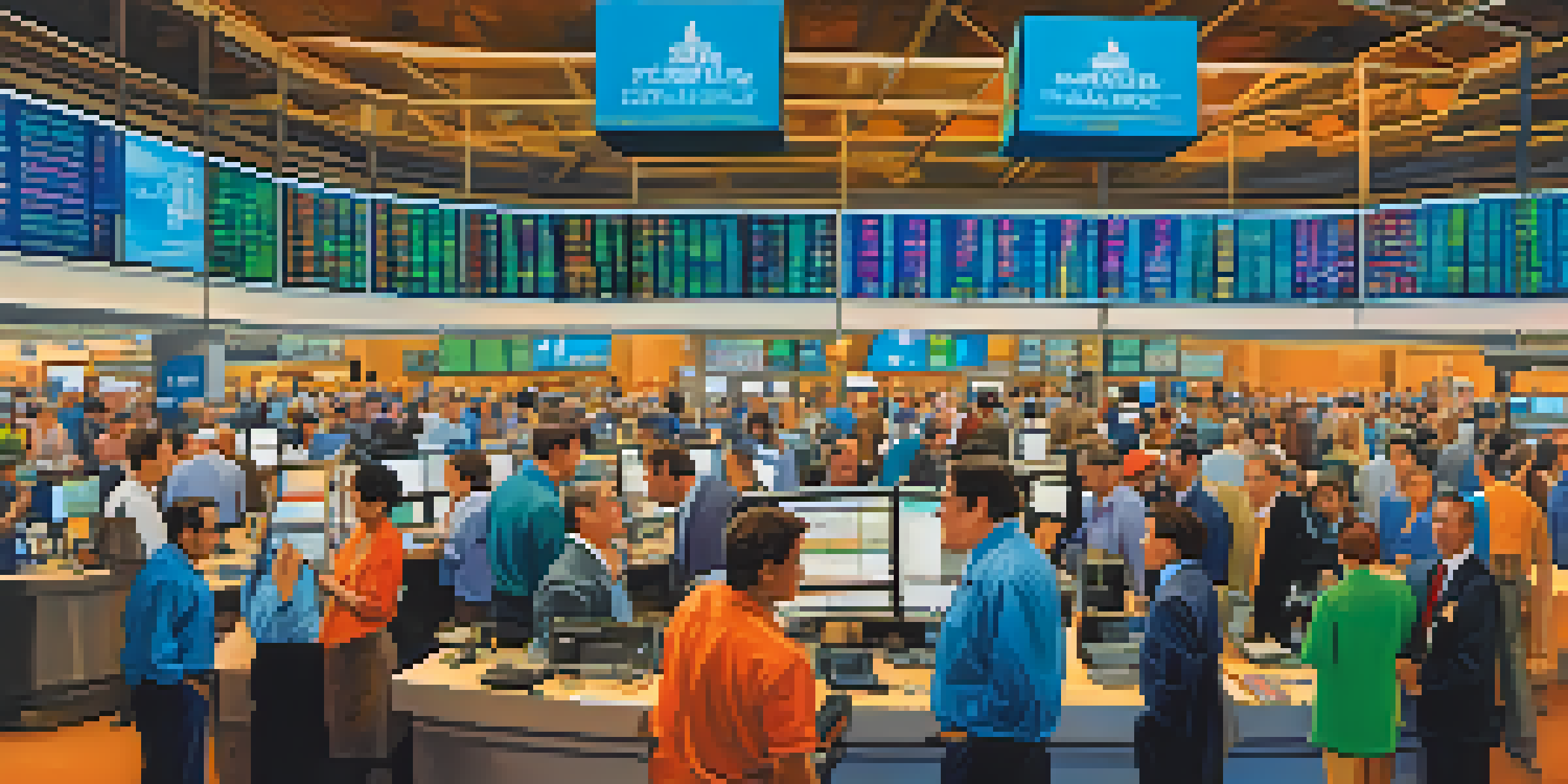 A busy stock market trading floor with traders, colorful stock price screens, and bright windows showing a blue sky.
