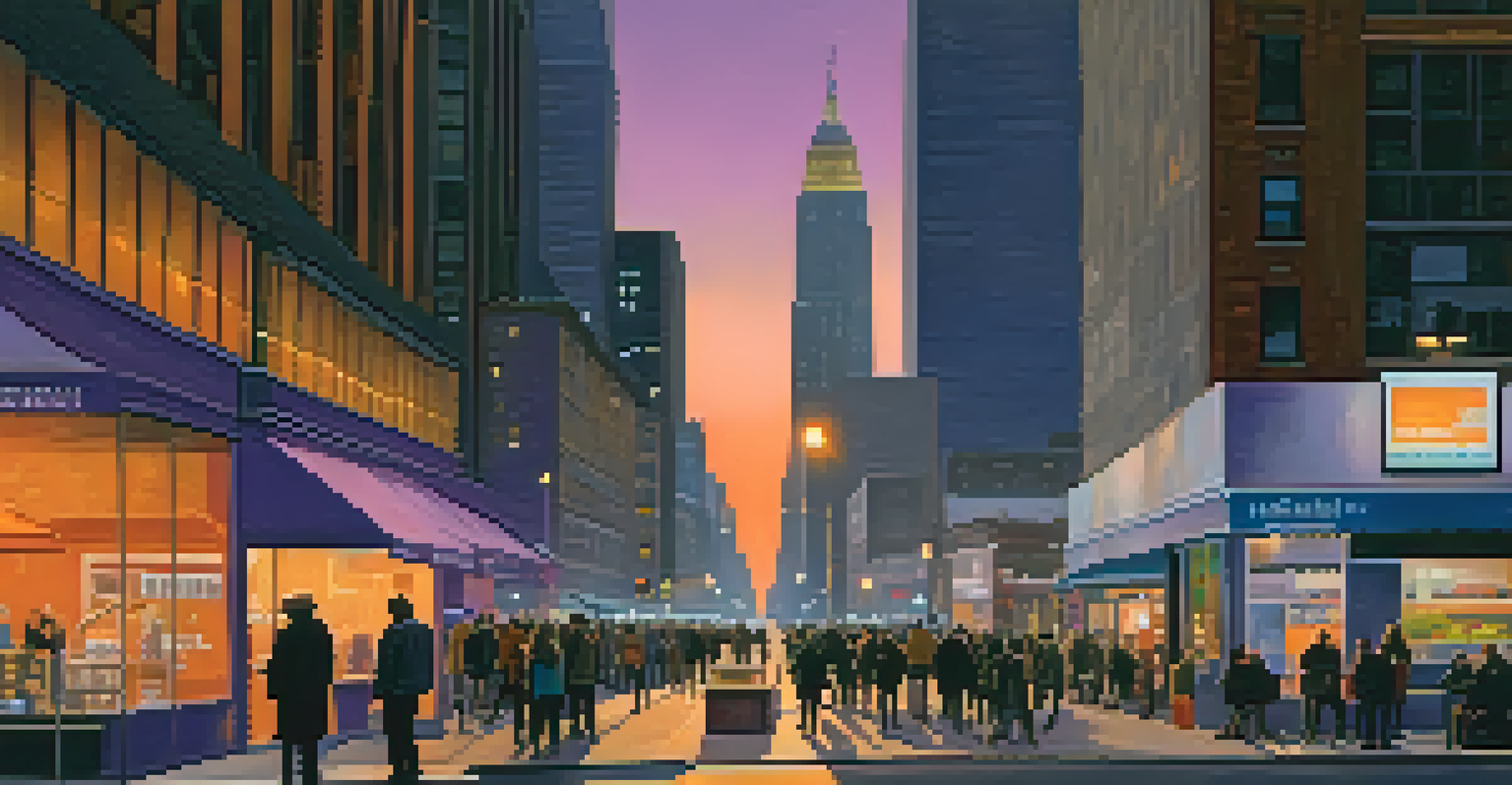 A vibrant urban street scene at dusk with skyscrapers, pedestrians, and a street musician.