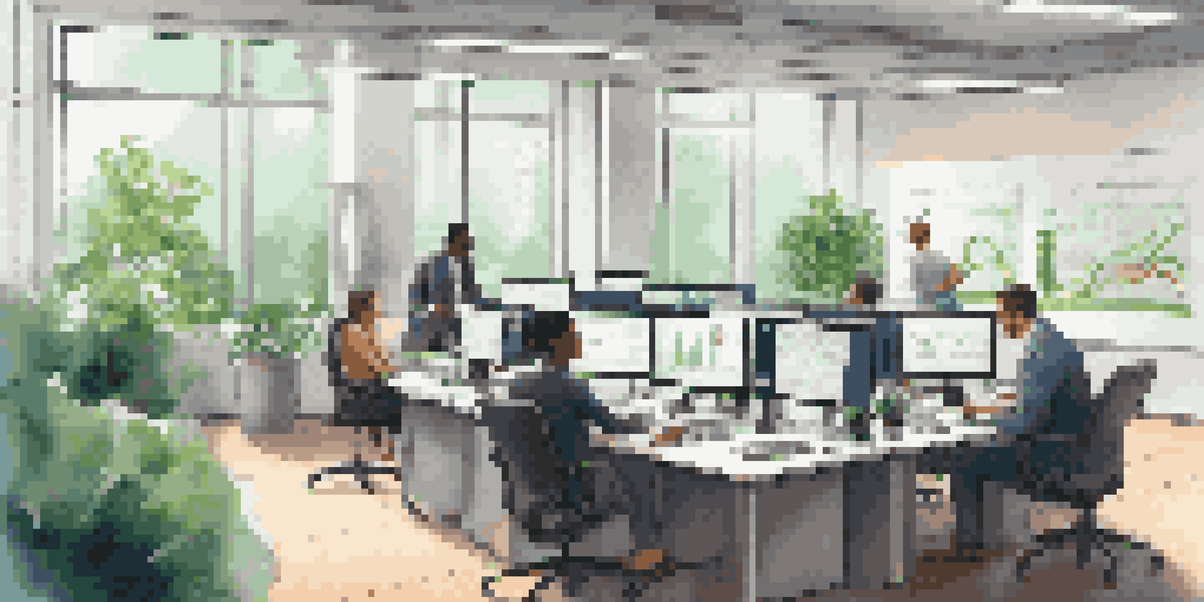 A diverse group of financial analysts in a bright office, collaborating on financial data accuracy with modern technology and cheerful plants in the background.