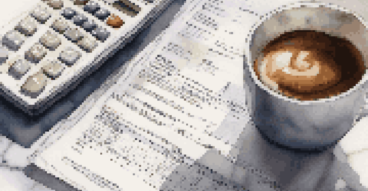 A close-up of a financial document showing highlighted fee structures on a marble desk, with a calculator and a cup of coffee.