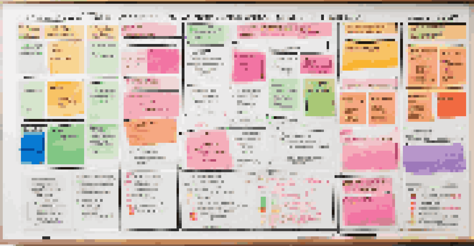 A large whiteboard covered with colorful sticky notes and diagrams representing a financial action plan, set in a bright and inspiring environment.