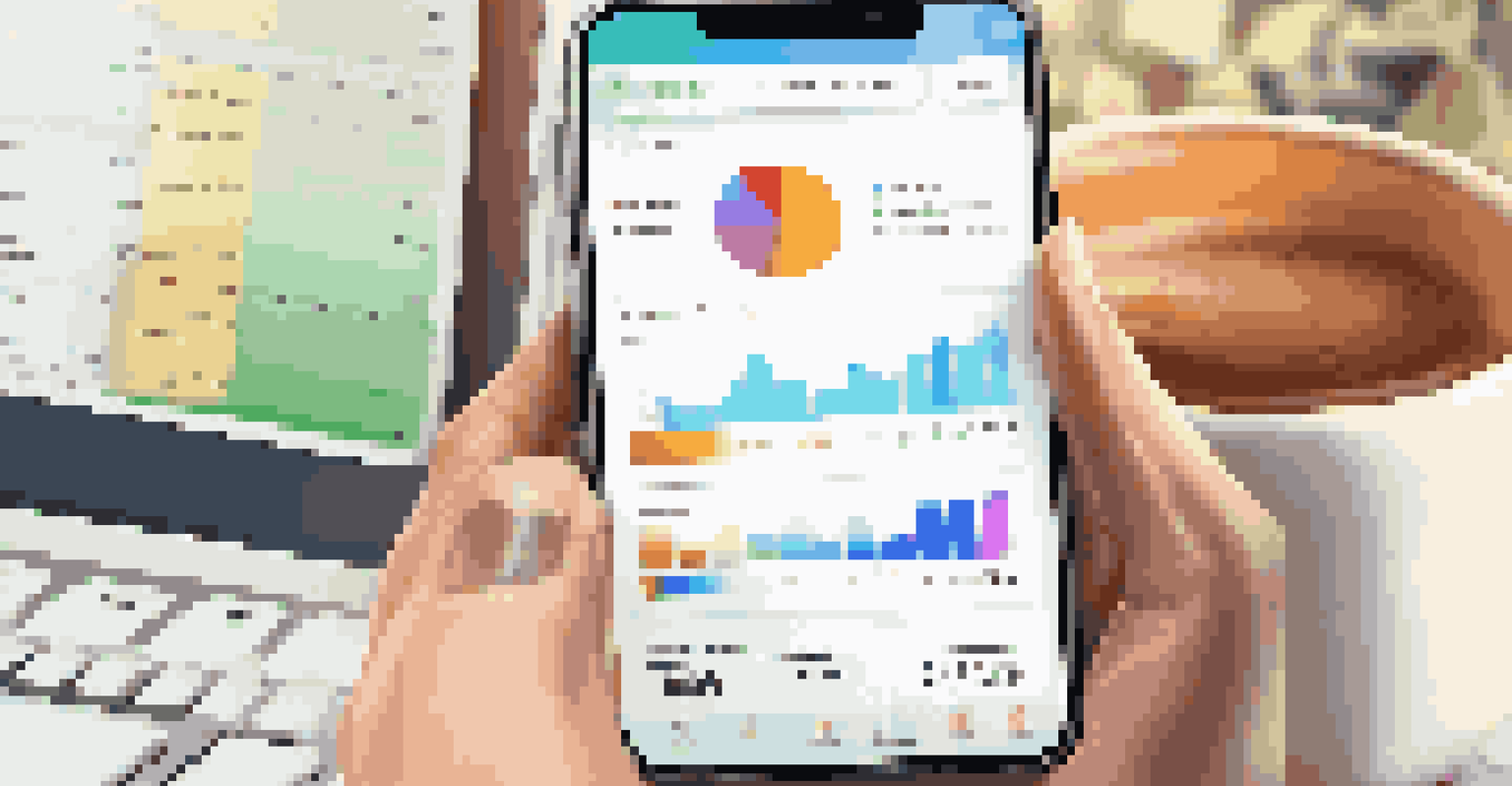 A smartphone displaying a budgeting app interface with colorful graphs and progress bars, set in a cozy home environment.