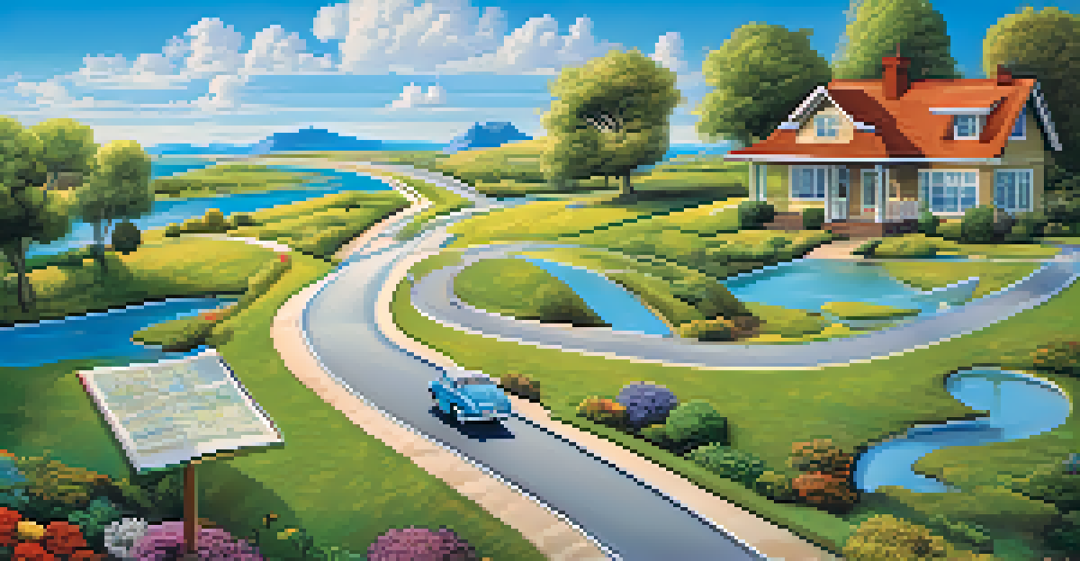 A creative roadmap illustration showing financial goals like a house, car, and vacation spot, with signposts for savings tips under a sunny sky.