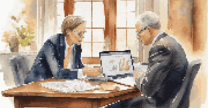 A financial advisor sitting with a couple at a table, discussing investment strategies with a laptop open showing financial graphs.