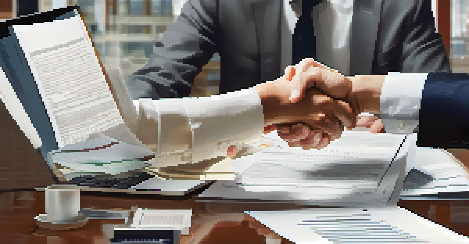 A close-up of two hands shaking, representing a successful business agreement, with financial documents in the background.