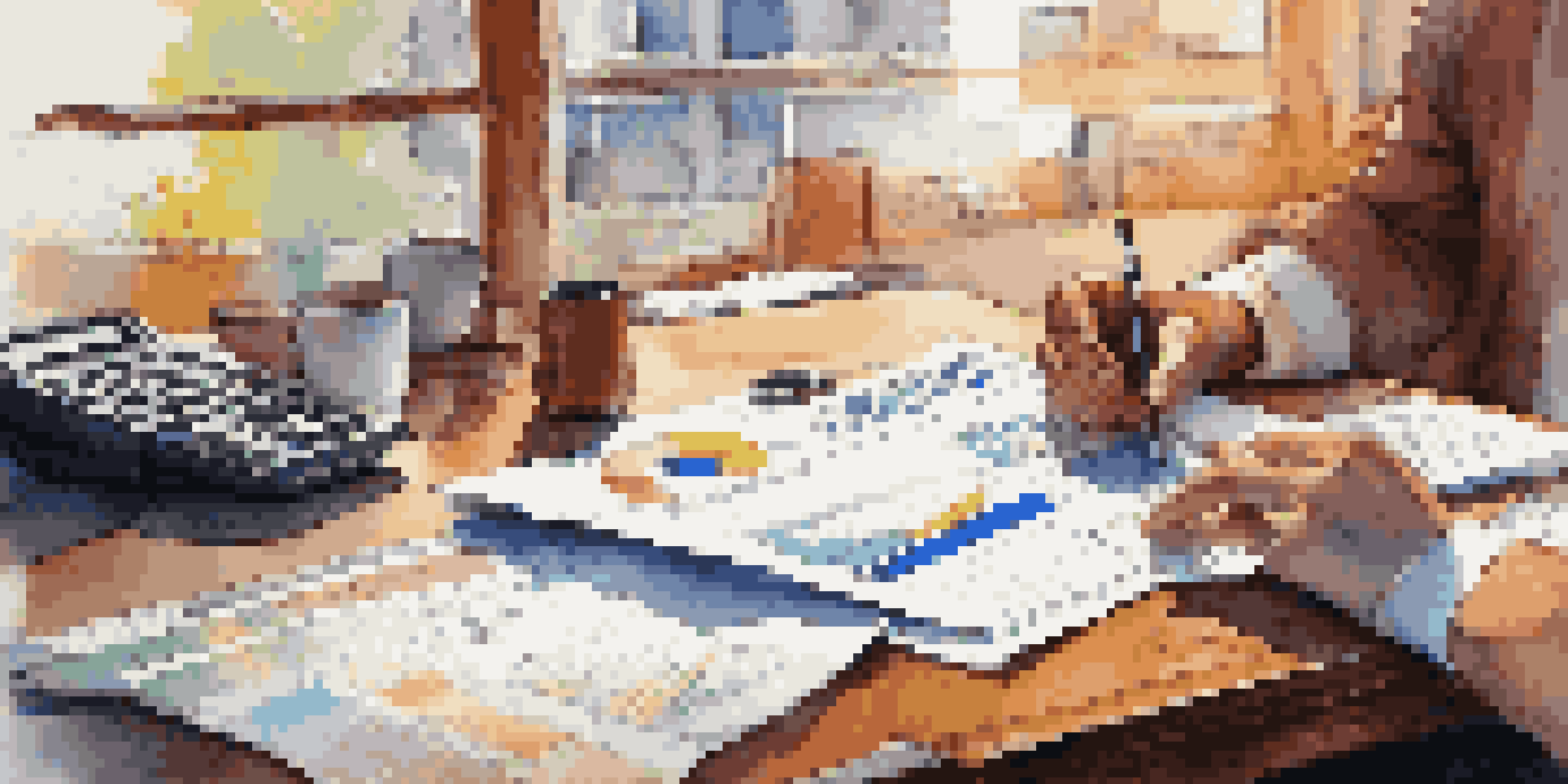 A financial analyst examining colorful financial statements and charts on a wooden desk, with natural light illuminating the scene.
