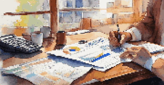 A financial analyst examining colorful financial statements and charts on a wooden desk, with natural light illuminating the scene.