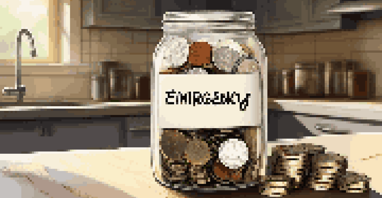 A jar labeled 'Emergency Fund' filled with coins and cash, placed on a kitchen counter surrounded by a notebook and a calculator.