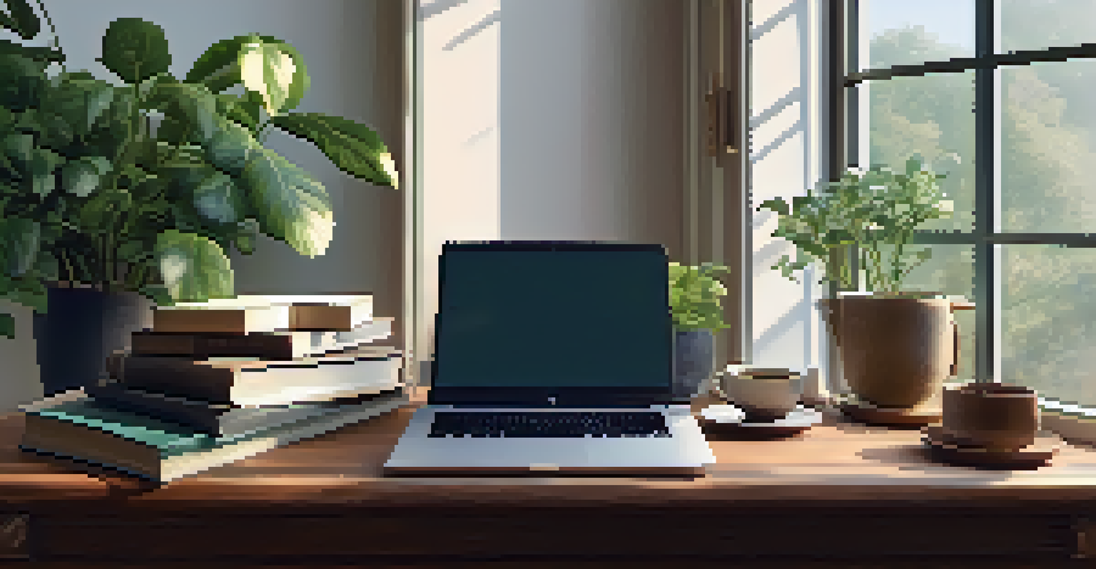 A stylish workspace with a wooden desk, laptop, coffee cup, and plants, illuminated by natural light from a window.