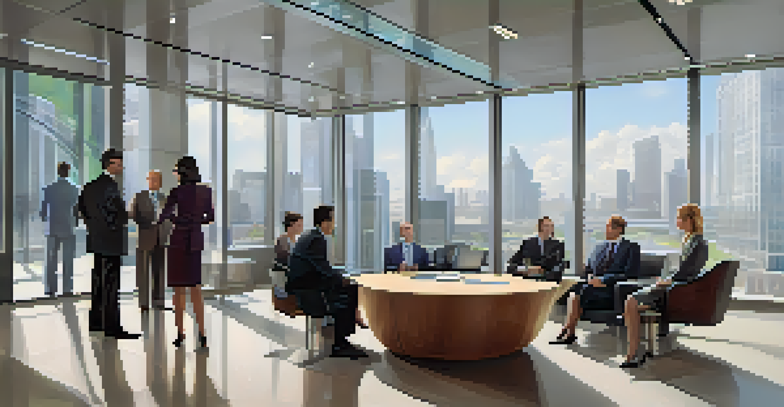 A modern bank interior showing a central banking officer discussing inflation with clients, featuring digital screens and natural light.