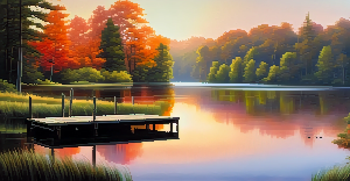 A tranquil sunrise over a calm lake with reflections, featuring a wooden dock and lush greenery.