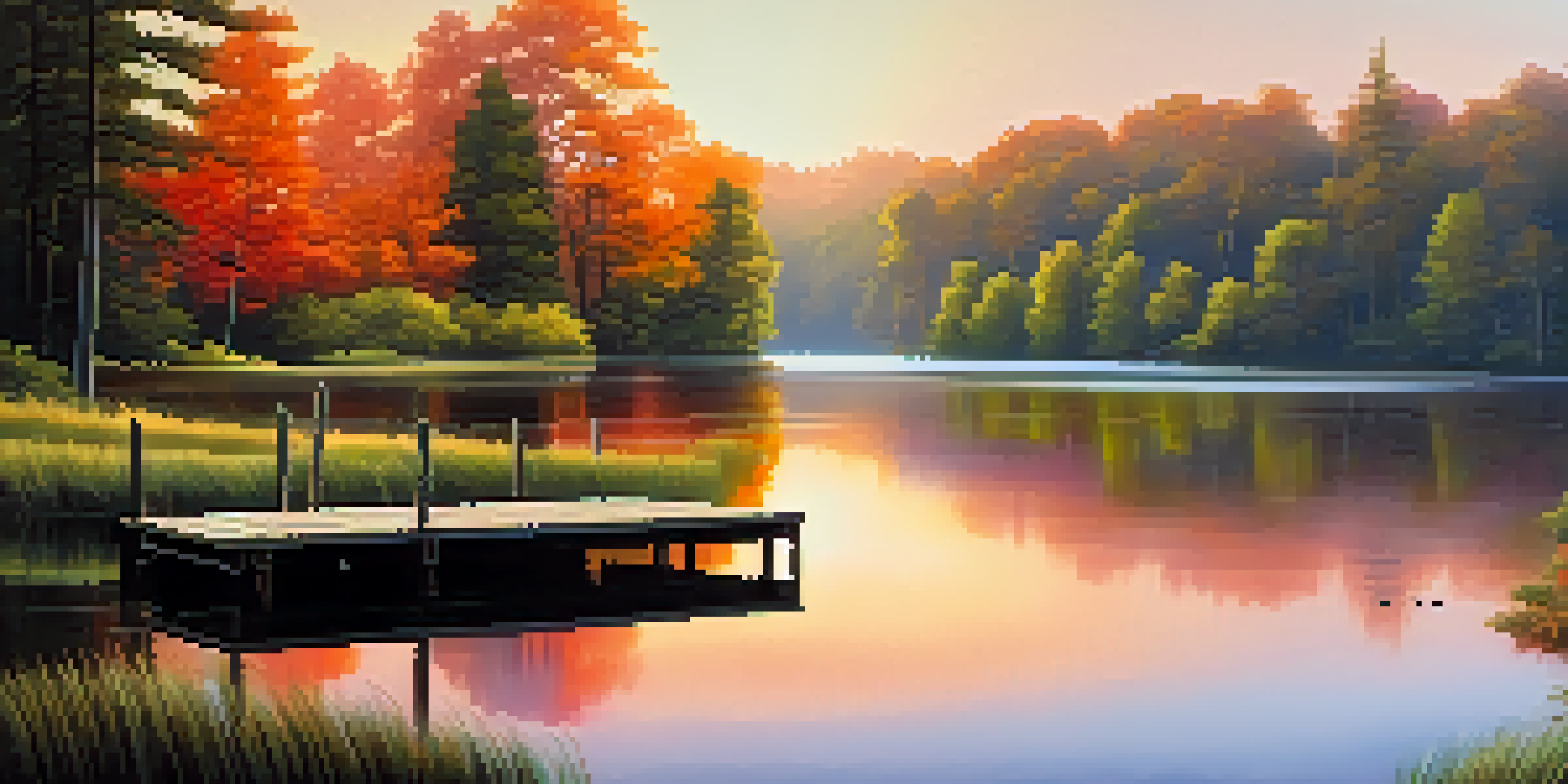 A tranquil sunrise over a calm lake with reflections, featuring a wooden dock and lush greenery.