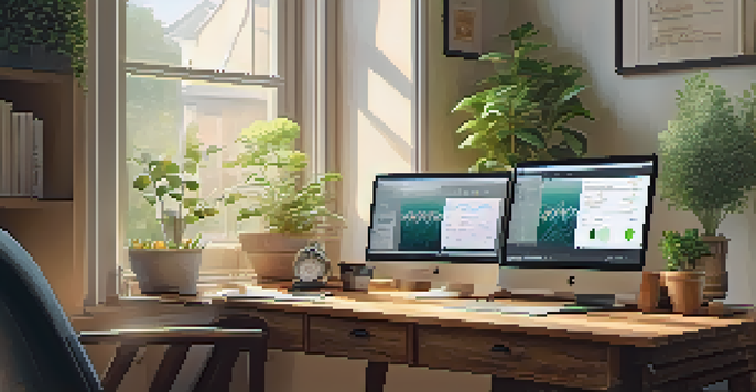 A cozy home office with a wooden desk, laptop displaying financial graphs, a steaming cup of coffee, and a potted plant, all bathed in soft natural light.