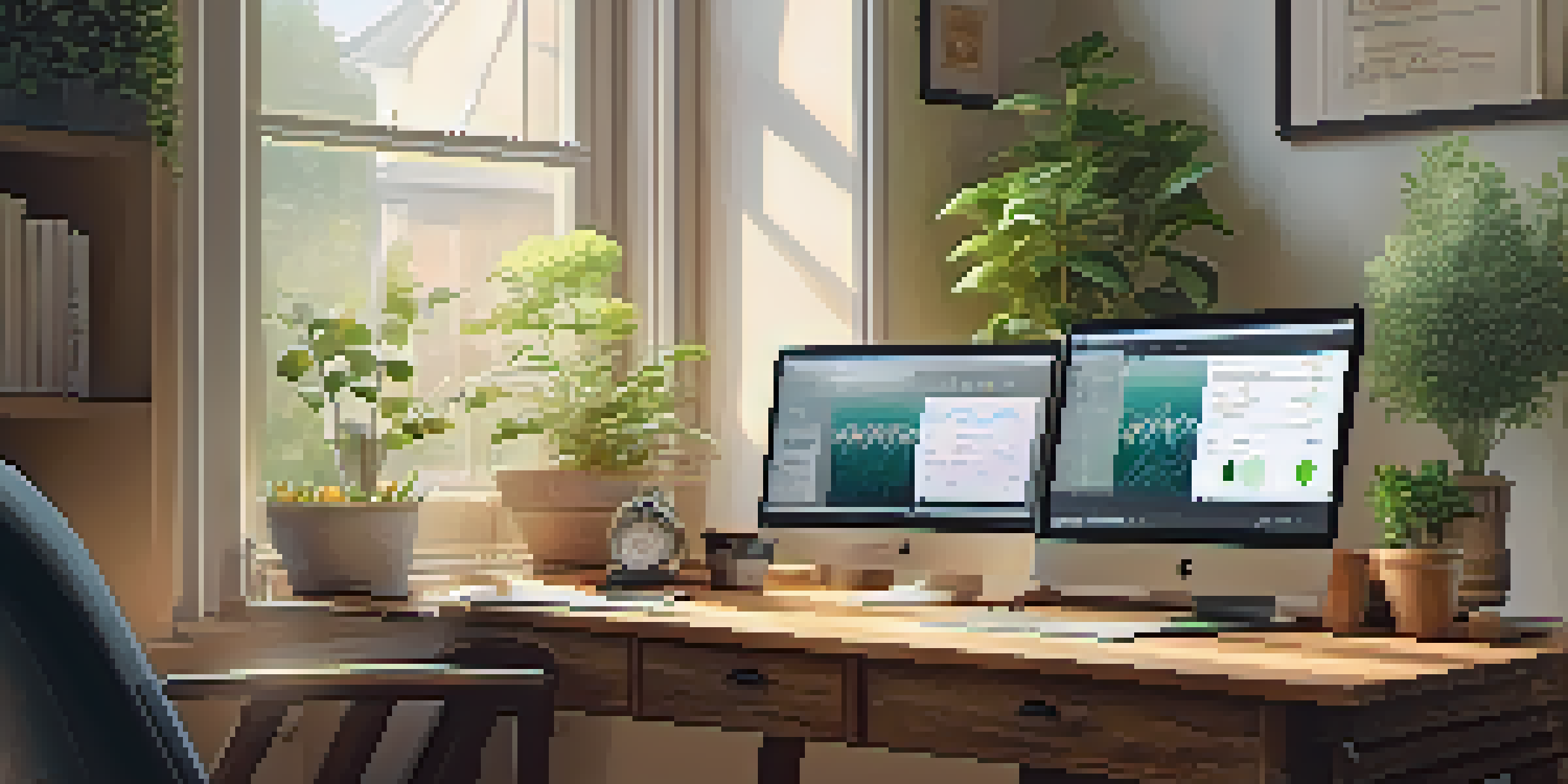 A cozy home office with a wooden desk, laptop displaying financial graphs, a steaming cup of coffee, and a potted plant, all bathed in soft natural light.