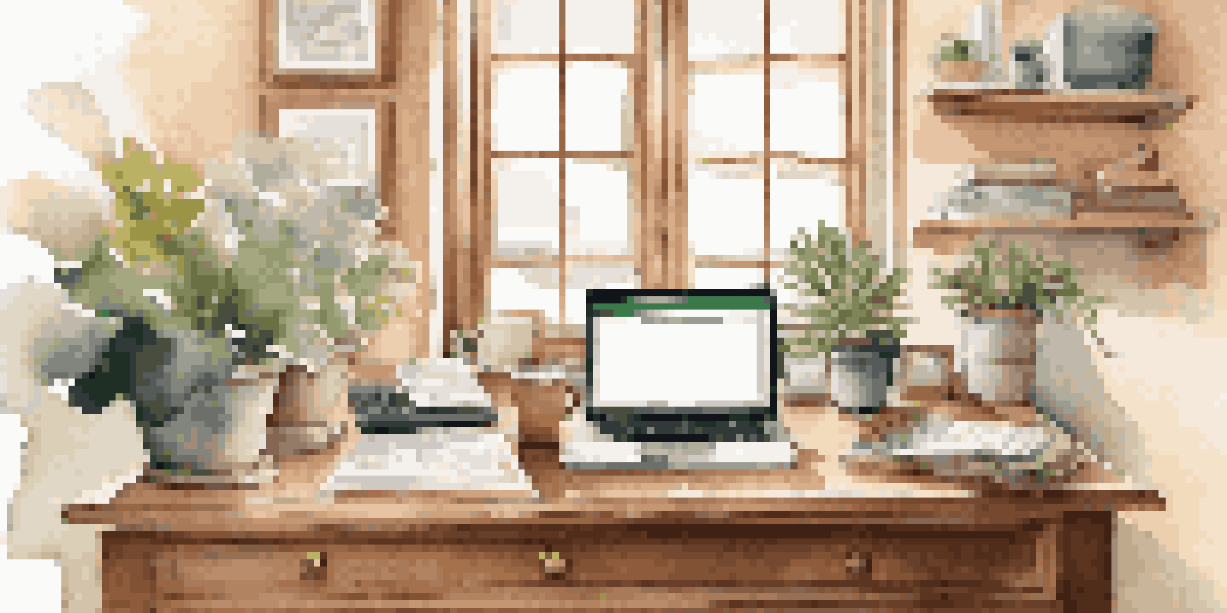 A well-organized home office with a wooden desk, laptop, coffee cup, and a potted plant, illuminated by natural light from a large window, featuring financial documents and a piggy bank.