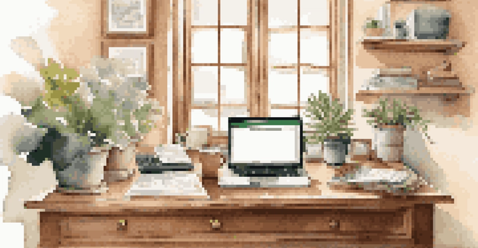 A well-organized home office with a wooden desk, laptop, coffee cup, and a potted plant, illuminated by natural light from a large window, featuring financial documents and a piggy bank.