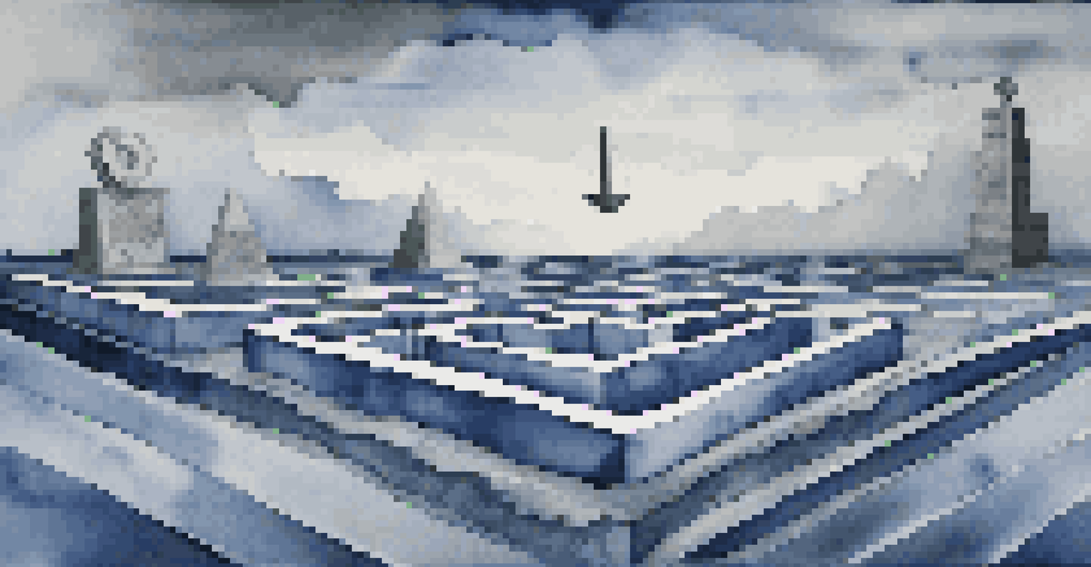An abstract image depicting financial risks in M&A with a balance scale, maze, and stormy sea, illustrating uncertainty.