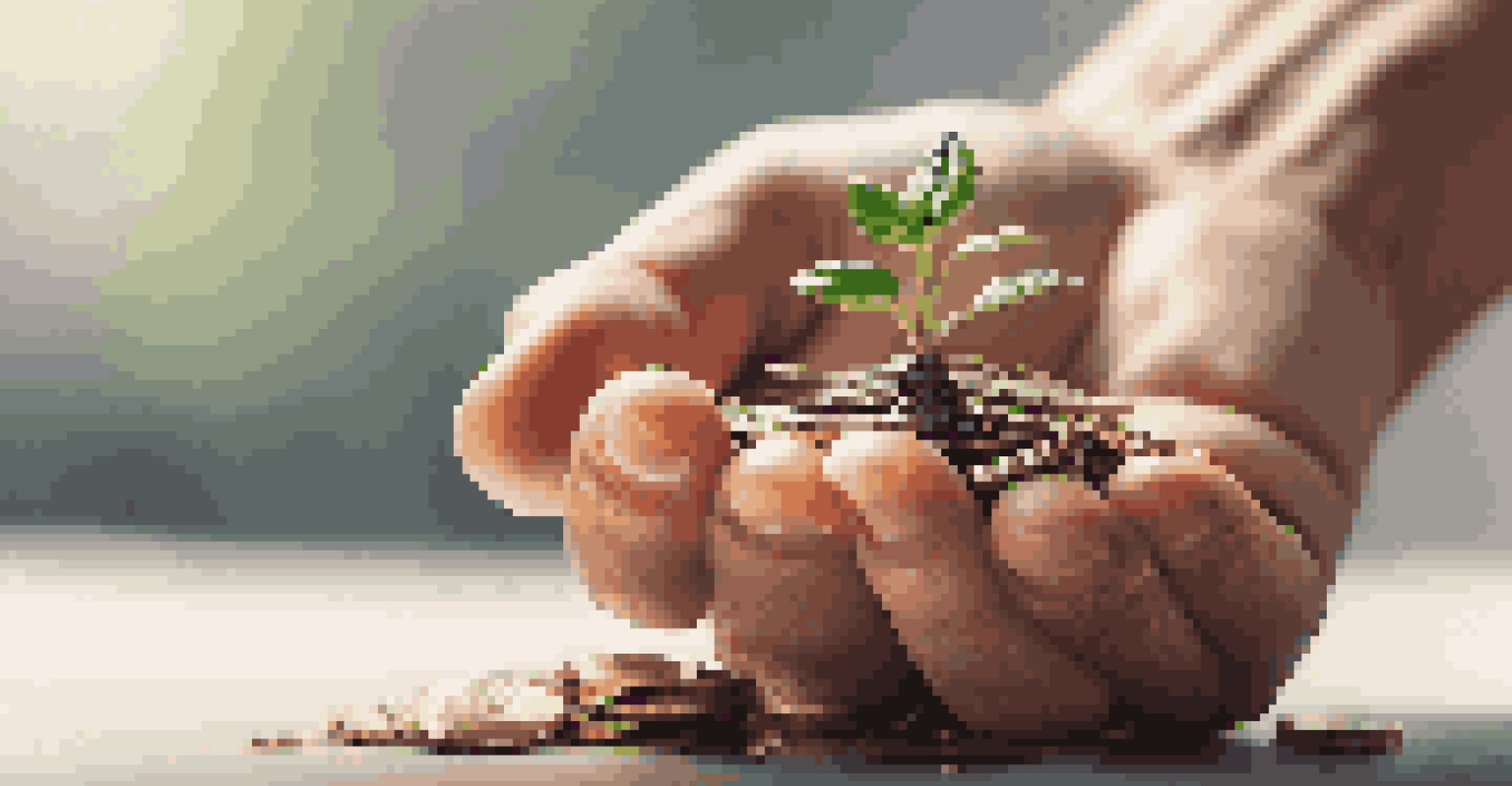 A hand holding a small plant growing from a pile of coins, symbolizing financial growth and investment.