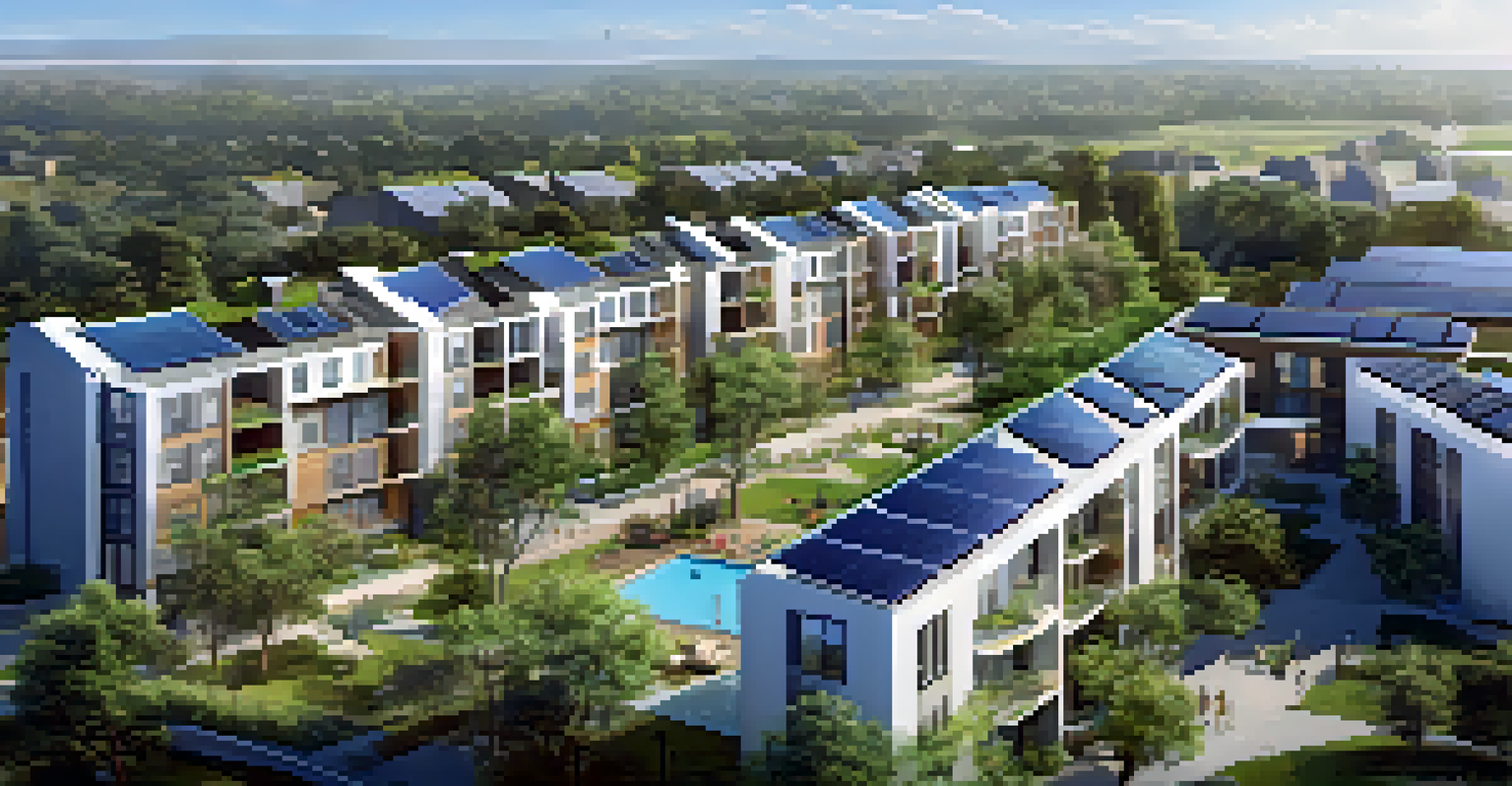 An aerial view of a sustainable urban community featuring eco-friendly buildings and green spaces.