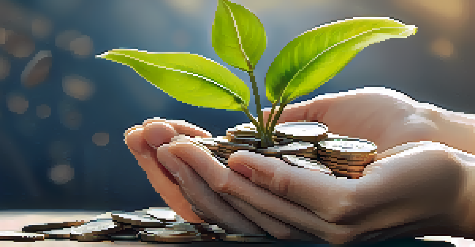 Hands holding a small plant growing from a pile of coins, symbolizing sustainable investing.