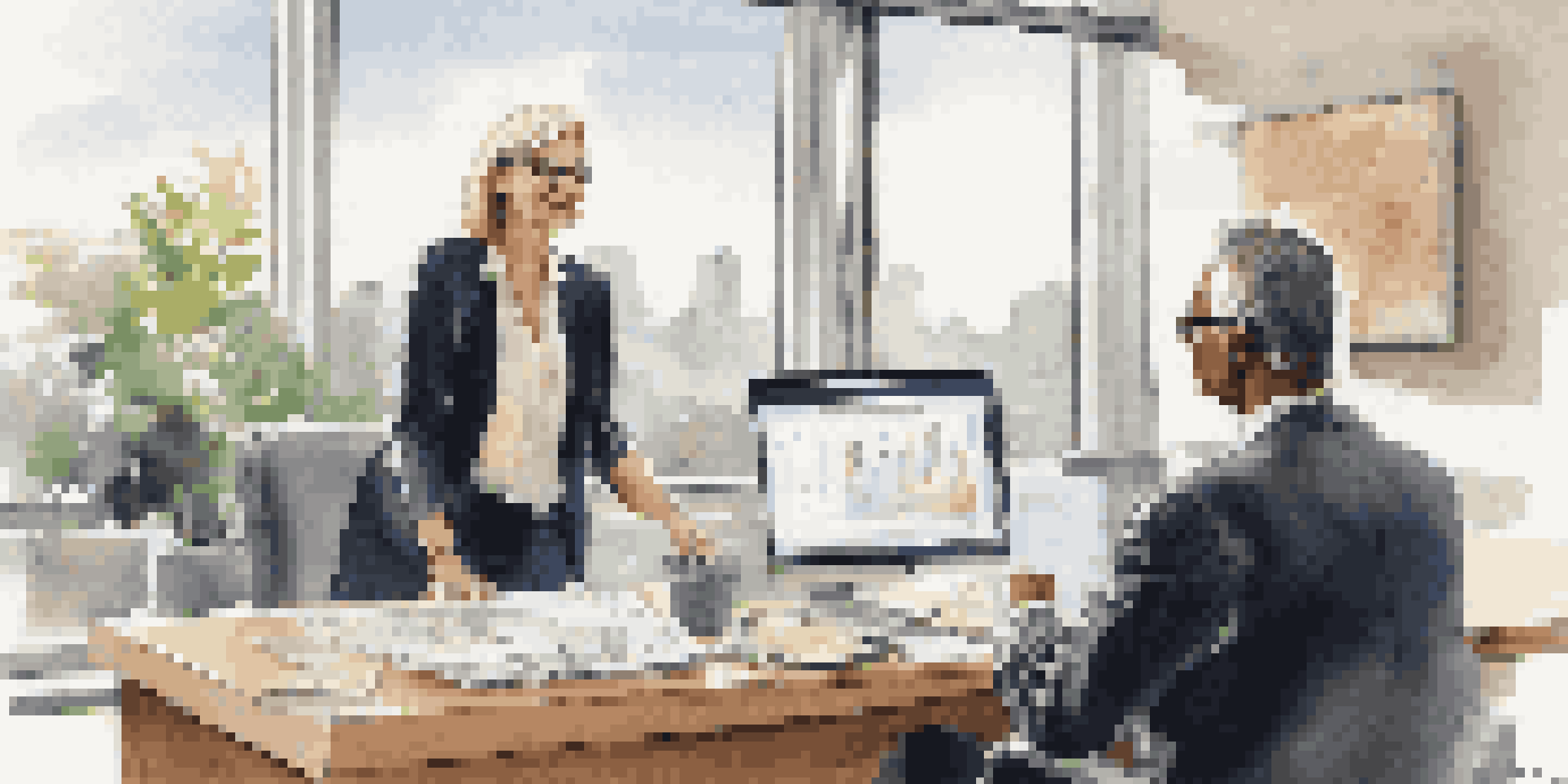 A financial advisor and a client discussing investment options at a modern desk with a laptop displaying graphs.