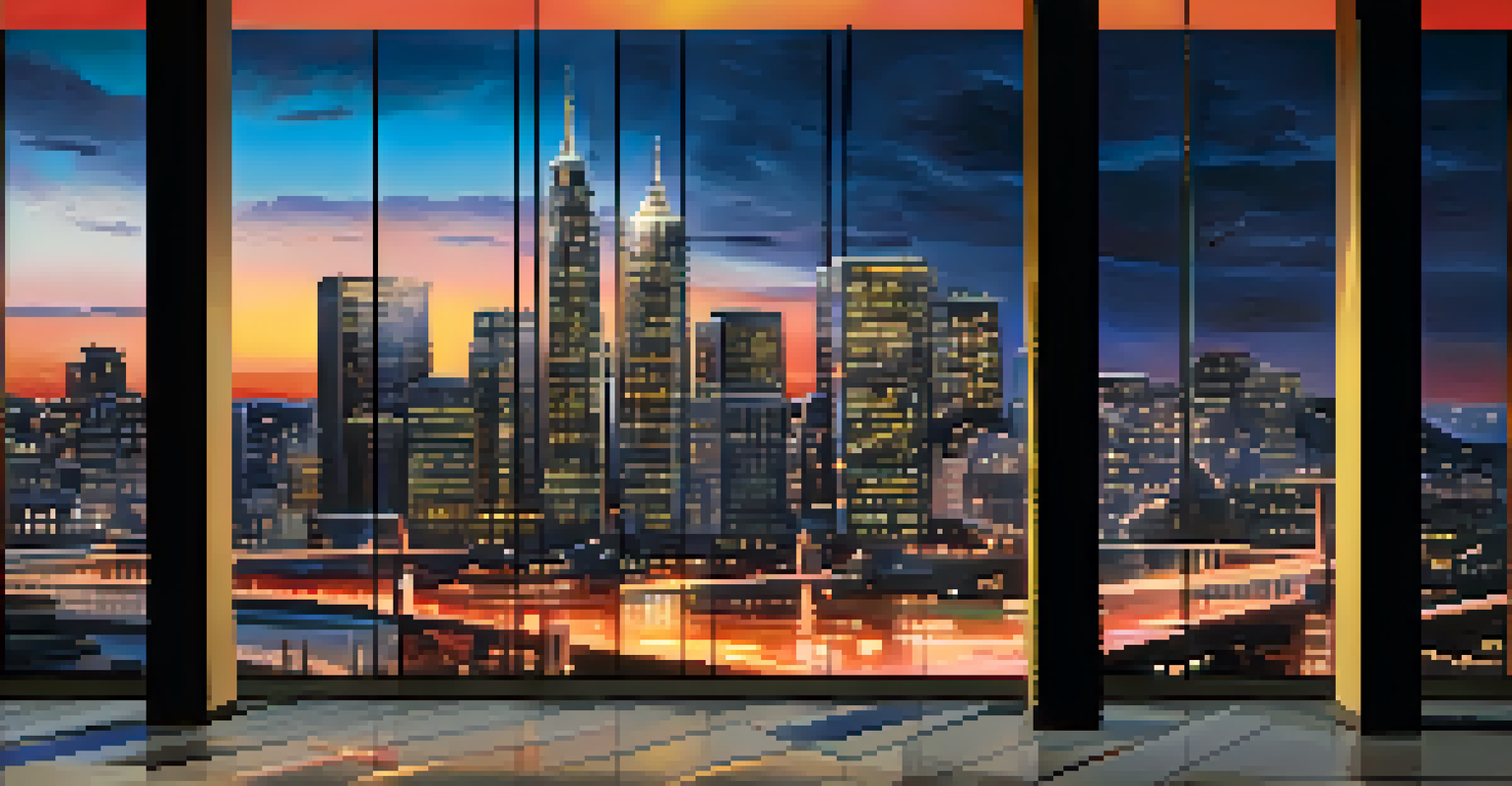 A city skyline at dusk with glowing windows and a vibrant sunset, symbolizing economic growth, overlaid with financial graphs.