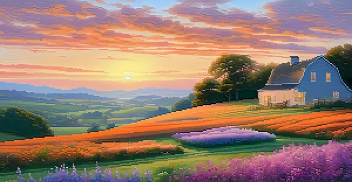 A peaceful countryside landscape at sunset with rolling hills, a farmhouse, and wildflowers.