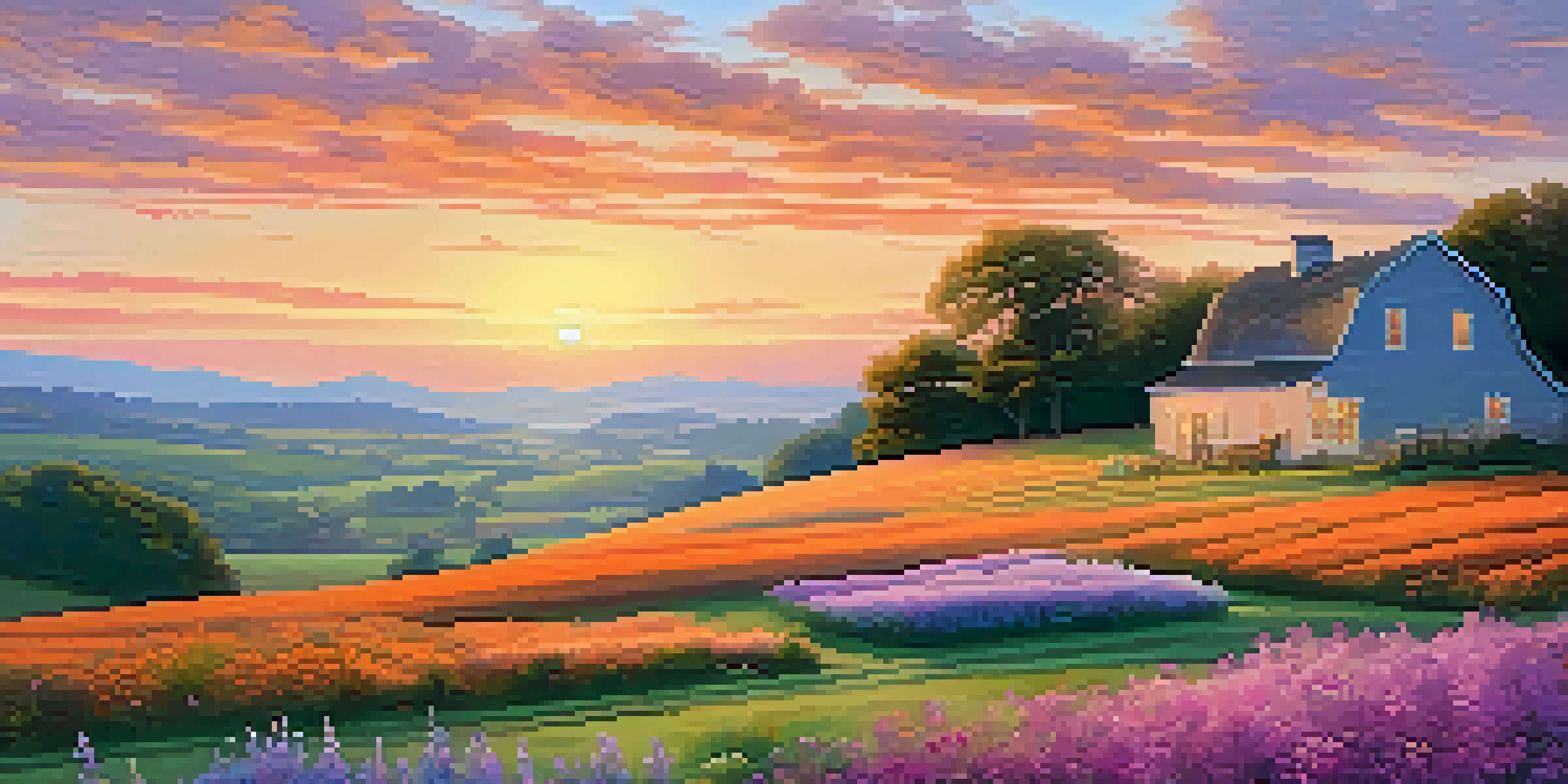 A peaceful countryside landscape at sunset with rolling hills, a farmhouse, and wildflowers.
