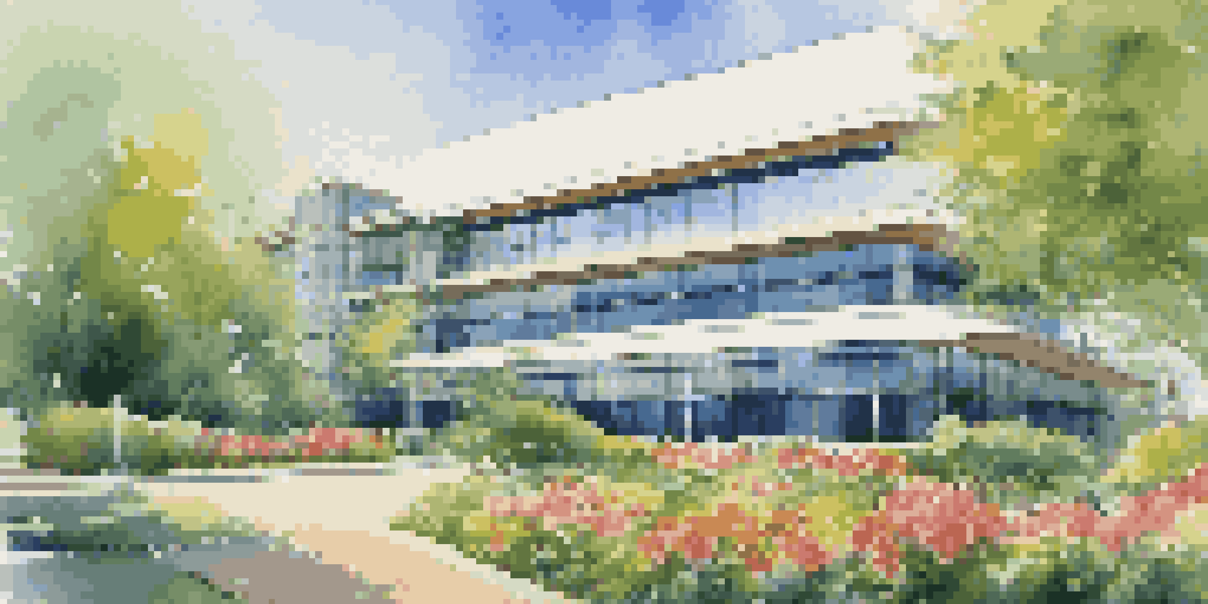 A modern office building surrounded by greenery and flowers under a blue sky with clouds.