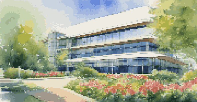 A modern office building surrounded by greenery and flowers under a blue sky with clouds.