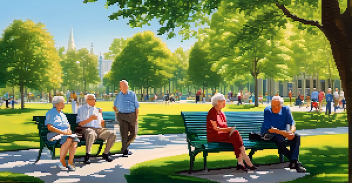 A diverse group of retirees in a park discussing financial strategies with advisors, surrounded by greenery and a clear sky.